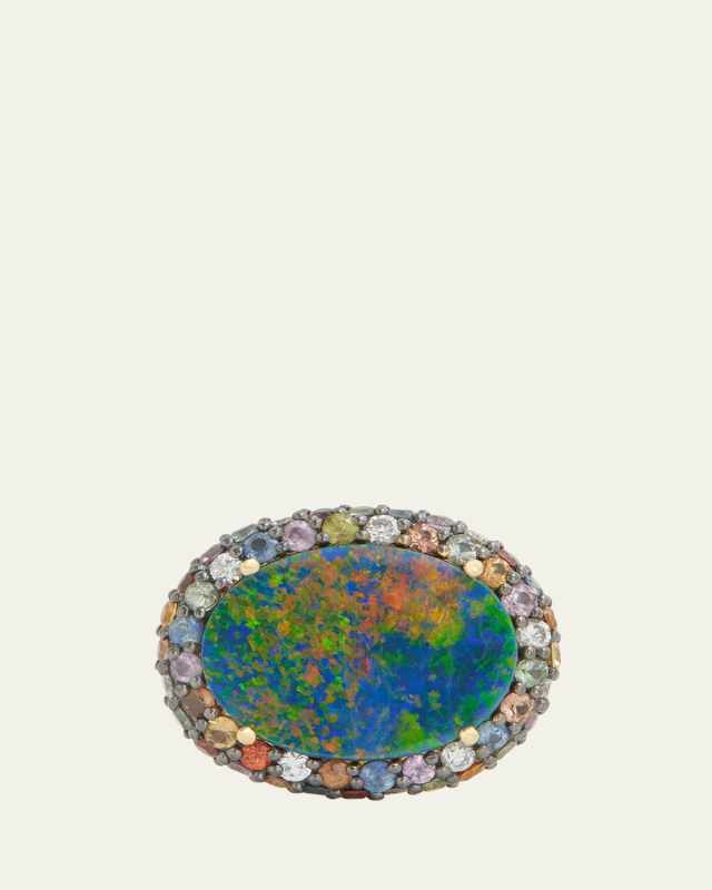18K Yellow Gold Opal Ring with Blackened Multi-Color Sapphires & Diamonds, Size